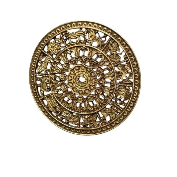 Source Unknown Jewelry - Vintage 2" Gold Plated Brass Zodiac Astrology Brooch 1960s CGA Pendant Festival